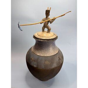 Signed Raku Tribal Pottery Sculpture Jar Spear & Fish Motif By Dickason 1993